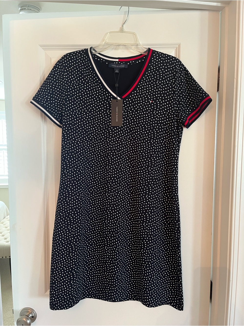 NWT Tommy Hilfiger Navy with White Polka Dot V‑Neck Knit Mini Dress